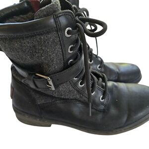 UGG Black Leather‎ & Wool Moto Combat Boots Lace Up Buckle Detail